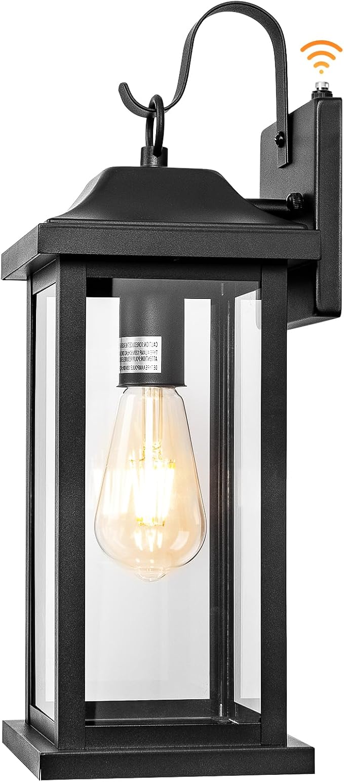 Dusk to Dawn Large Outdoor Wall Light 17 Inch, Exterior Light Fixture Porch Light with Tempered Clear Glass, IP65 Waterproof Anti-Rust Outside Wall Sconce Matte Black Wall Lantern, 1-Pack