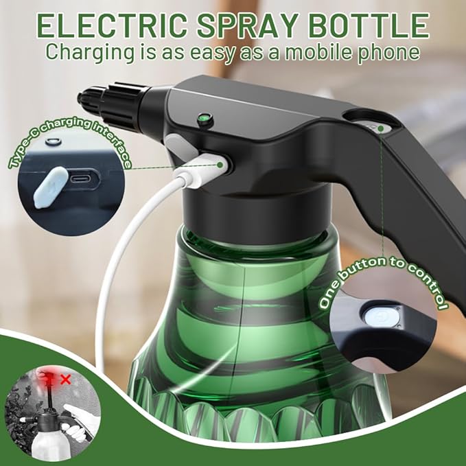 0.53 Gallon Rechargeable Electric Plant Mister Sprayer, Fine Mist & Continuous Spray for Indoor Plants, Garden, Vehicle Cleaning，Handheld Portable Sprayer with Adjustable Nozzle
