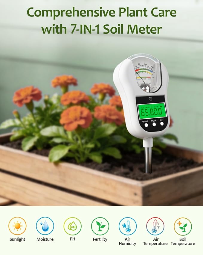 7-in-1 Soil Moisture Meter/pH Meter/Light Intensity/Fertility/Air & Soil Hygrometer Temperature with Large Dual Display for Garden,Lawn, Farm, Indoor Outdoor Plants-Snow White