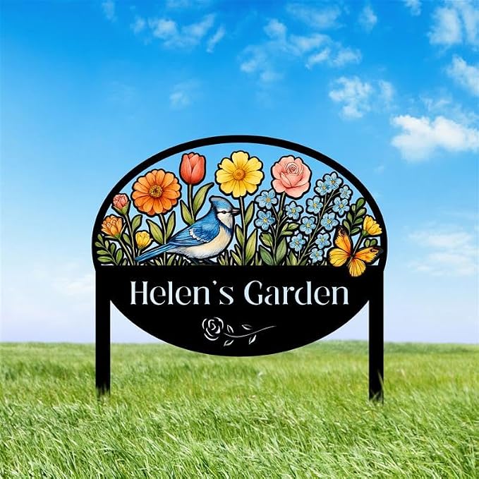 Personalized Metal Yard Sign for Mother's Day, Bird & Flower Design, Gift for Garden Lovers, Metal Sign, Garden Decor (Blue Jay)