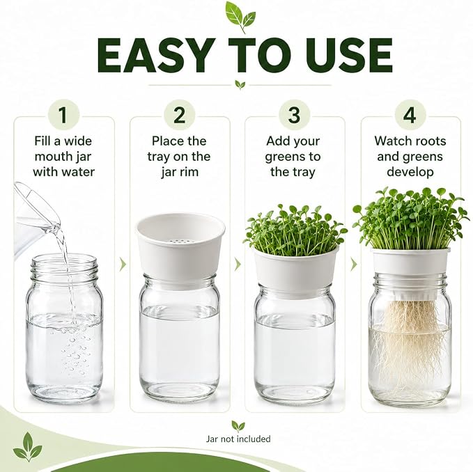Microgreens Growing Kit for Wide Mouth Mason Jars, 4-Pack Deep & Shallow Hydroponic Growing Trays for Indoor Kitchen Gardening, Reusable Trays for Sprouts, Herbs, Pea Shoots
