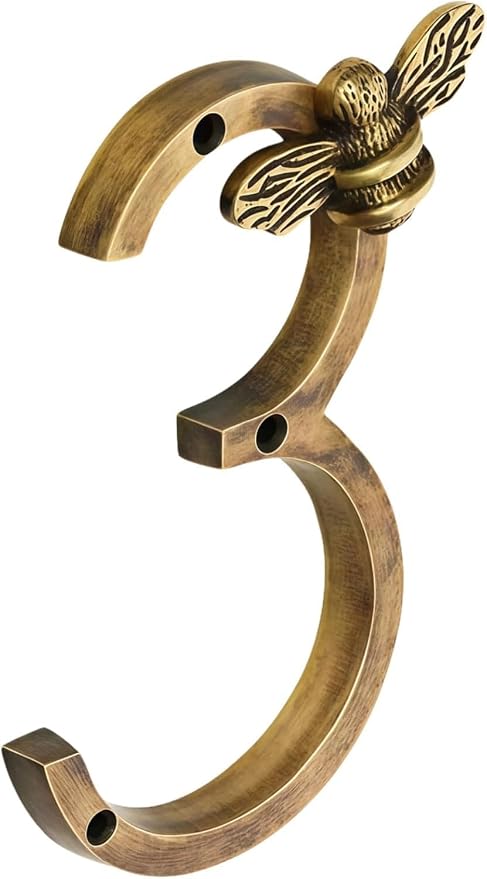 Bee House Number Sign, Antique Brass Finish, Decorative Metal Address Numbers for Door or Wall (Gold, 3)