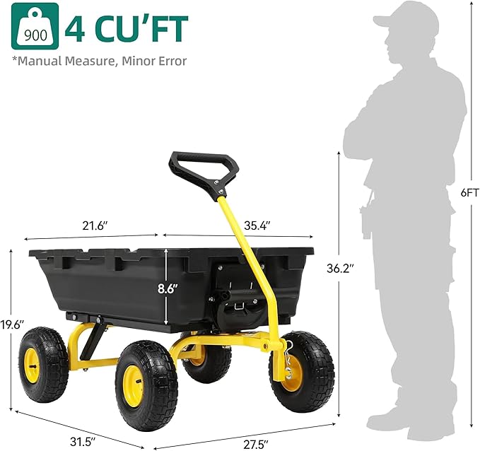900LB Garden Dump Cart, 2026 Upgraded Heavy Duty Wheelbarrow Cart with 10" Non-Slip Pneumatic Tires & Quick-Release System, 4-Wheel Steel Frame Wagon for Transportation in Yard, Farm, Garden