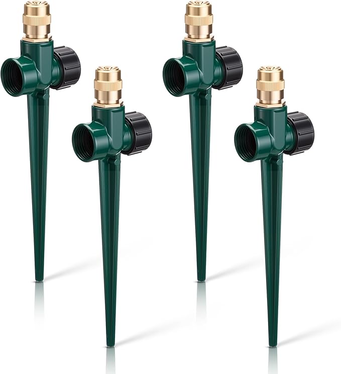 Tioncy 4 Pack Metal Lawn Sprinkler Automatic Garden Water Sprinkler on Spike Base 360 Degree Rotation with Adjustable Brass Nozzle for Lawn Garden Yard(Green)