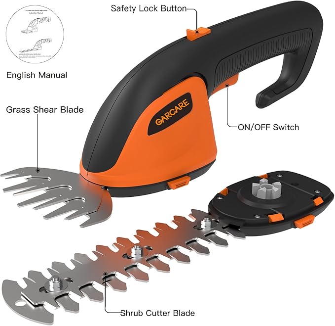 GARCARE 2-in-1 Cordless Grass Shear & Shrub Trimmer, 7.2V Lightweight Handheld Grass Trimmer, Cordless Trimmer for Bushes with 2000mAh Battery & Type-C Charging