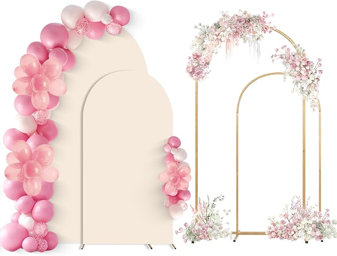 SuuWoee Arch Backdrop Stand Set of 2 With Beige Cover (7.2FT+6FT),Gold Metal Wedding Arch Balloon Stand With Cover for Birthday Party Baby Shower Graduation Ceremony Decoration
