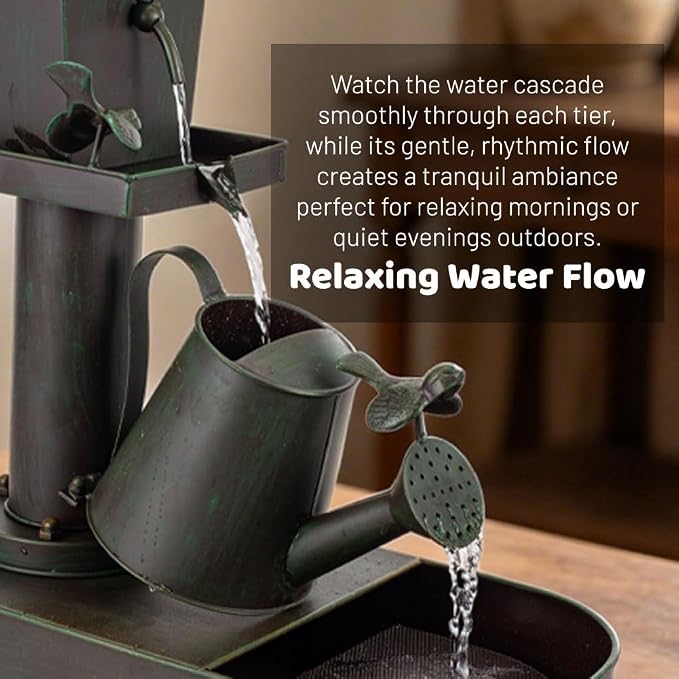 Garden Water Fountain Outdoor, 23" Vintage Waterfall Fountain, Rustic Distressed Green Outdoor Water Fountain with Tilted Watering Can for Yard Patio Decor