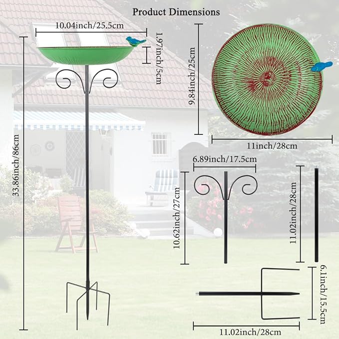 Metal Bird Bath for Outdoor,10" Standing Frees Birdfeeder with Metal Stake,Vintage Bird Baths Feeder Bowl for Outdoors Garden Patio Yard Lawn Decor (Green)