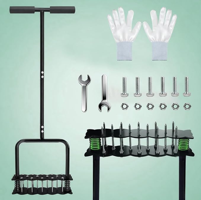 Manual Lawn Aerator Tool with 14 Iron Spikes, Spring‑Loaded Automatic Dirt & Leaf Cleaning, Height Adjustable Metal Yard Aerator for Soil Loosening & Lawn Aeration