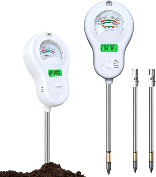 6-in-1 Soil pH Meter, Soil Moisture Tester with Detachable Probe, Backlit LCD & Dial Display, Includes Battery & 3 Spare Probes for Garden, Farm, Lawn Plants