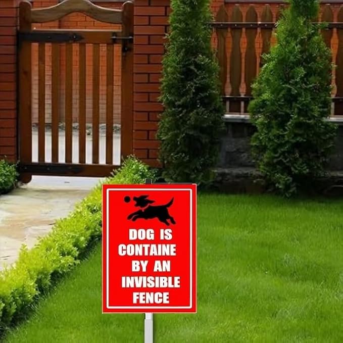 Invisible Fence Yard Sign with Stakes,Rust Free Aluminum(8 * 12in),beware of dogs Sign for garden，Dog Is Contained by An A Invisible Fence Yard Sign