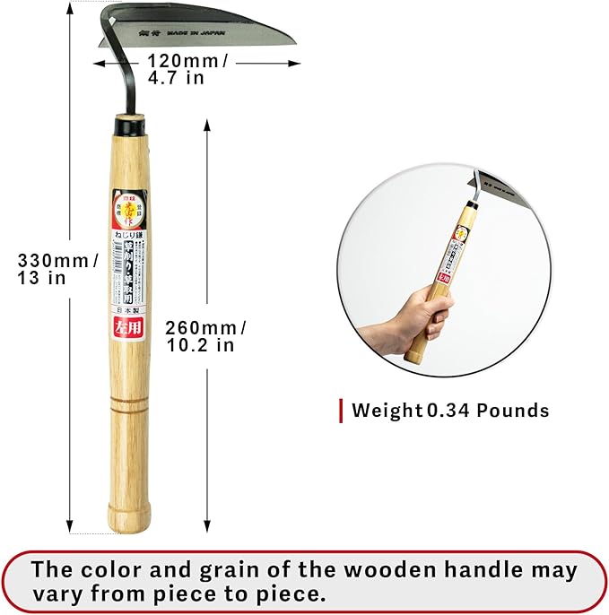 HONEN Japanese Left-Handed Nejiri Kama Weeding Sickle, Sharp Composite Steel Hand Weeder for Precise Weed Removal in Tight Spaces, Wood Handle, Made in Japan