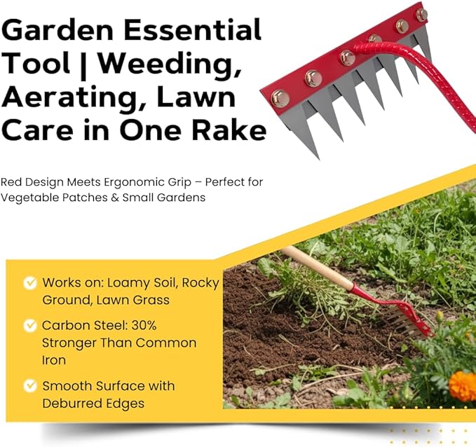 Red Upgrade 3.0 Weeding Rake | 7-Tine Carbon Steel Head & 3X Wood Handles | Quick-Lock Rotating Mechanism | Heavy Duty Garden Tool for Cultivating, Soil Aeration, Lawn Care (red)