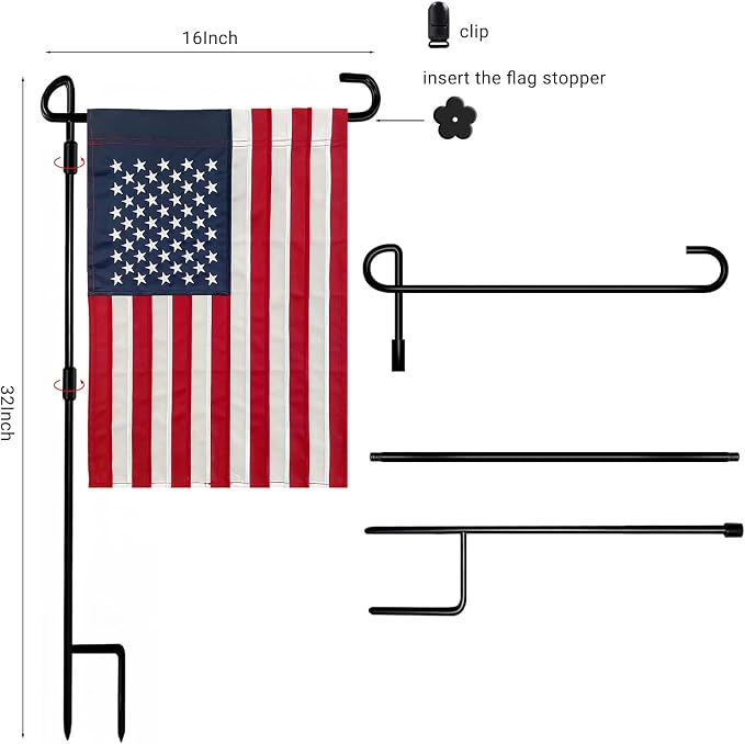 Bradford Embroidered American Garden Flag with Stand Holder, 12x18 inch American USA Garden Flag for Outside Yard Heavy Duty