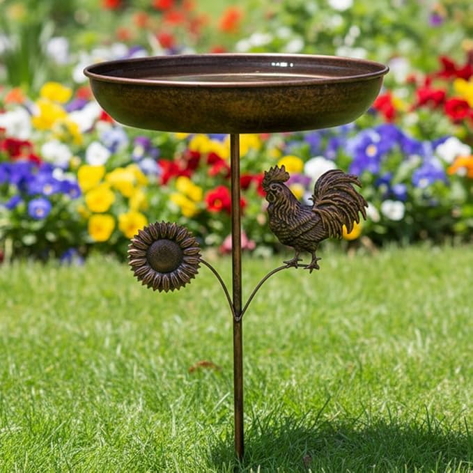 dreamysoul Bird Baths for Outside, 12 Inches Dia Bird Bath Feeder Bowl with Sun and Rooster Decor, Freestanding Metal Birdbath for Outdoors Garden Patio Yard Lawn