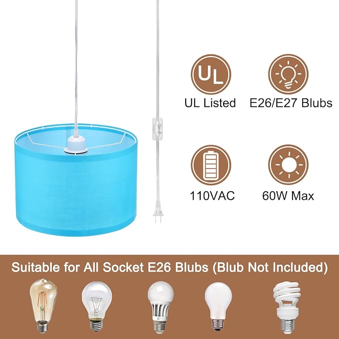 PATIKIL Plug in Pendant Light, 15Ft Rope Cord Hanging Lamp Fixture with ON/Off Switch, Fabric Shade E26/E27 Bulb Socket for Bedroom Kitchen Living Room, Light Blue