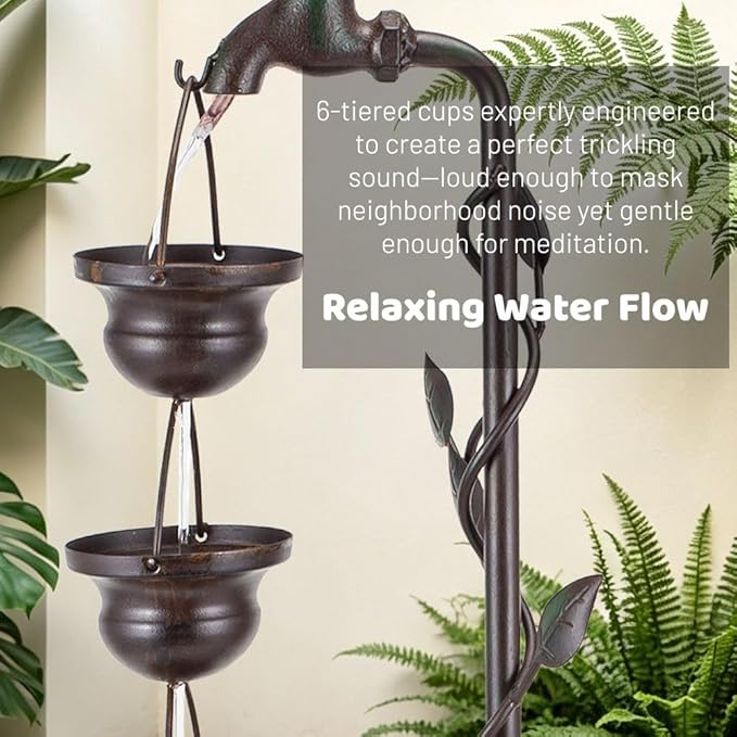 39" Tiered Water Fountain Outdoor 6 Hanging Cups Vintage Waterfall Fountain, Rustic Metal Outside Water Fountain for Garden Patio Yard Porch Decor