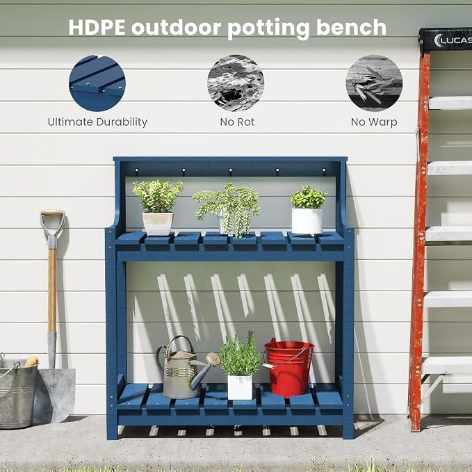 Potting Benches for Outside, HDPE Garden Potting Table All Weather, Outdoor Potting Table with Storage for Patio, Backyard, Garden, Dark Blue