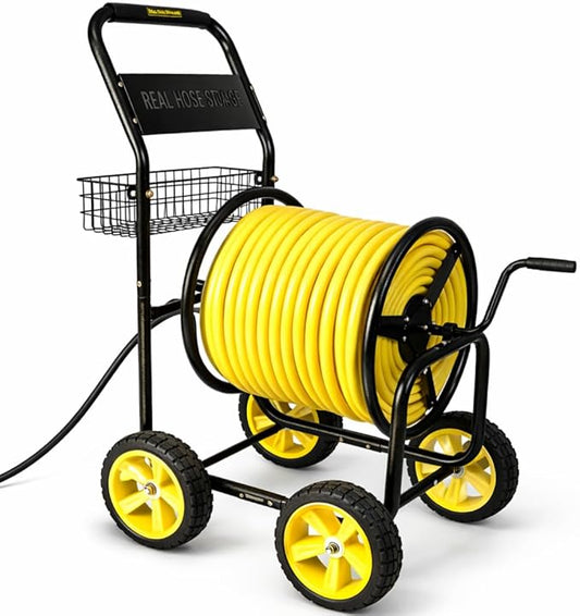 Heavy Duty Hose Reel Cart, Commercial Hose Reel with Wheels, Outdoor Water Hose Cart for Backyard, Farm & Ranch, or Contractor Use, Metal Hose Carts (4-Wheel, 400ft Capacity)
