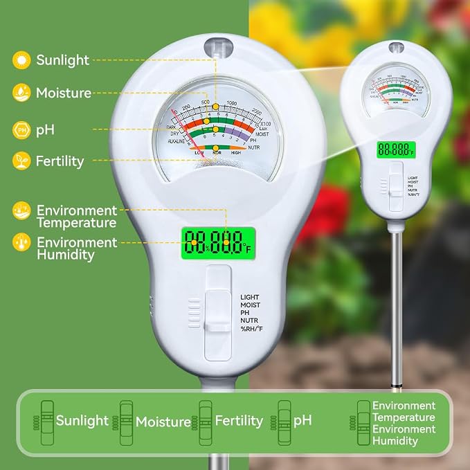 6-in-1 Soil pH Meter, Soil Moisture Tester with Detachable Probe, Backlit LCD & Dial Display, Includes Battery & 3 Spare Probes for Garden, Farm, Lawn Plants