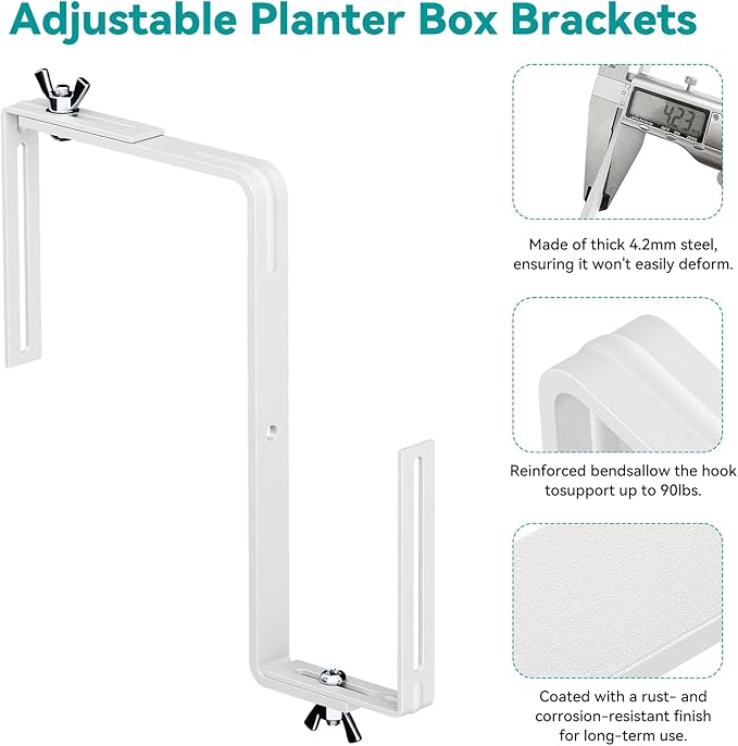 Adjustable Planter Box Brackets,Enhanced Bottom Support,Universal Outdoor Hanging Brackets,Flower Box Brackets for Fence Railings, Windowsill, Patio, Garden,Balcony. (8, White)