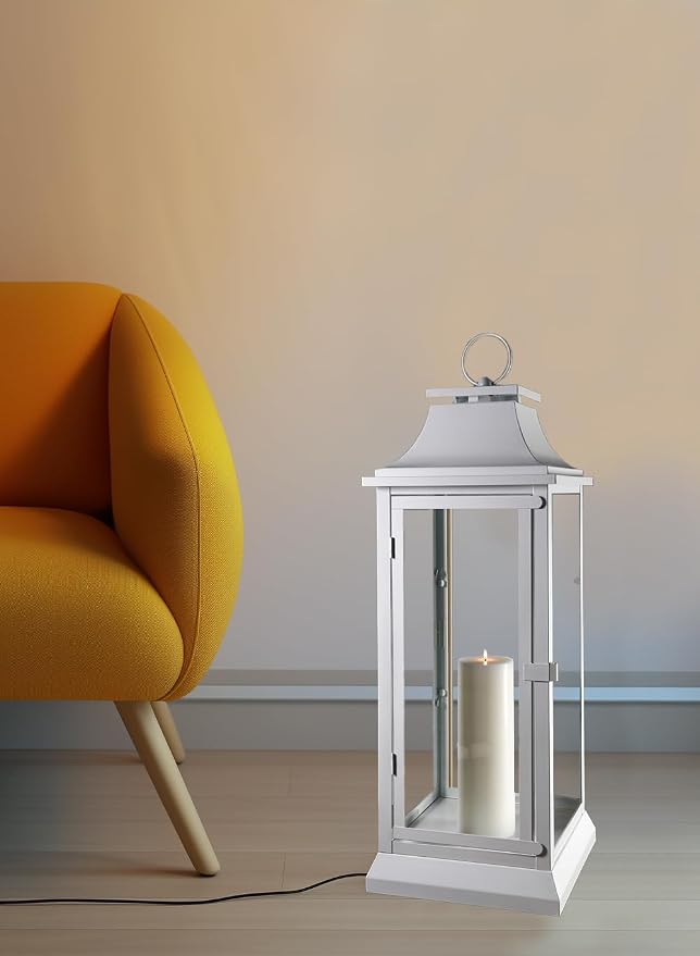 Serene Spaces Living White Hurricane Lanterns with Clear Glass Panels, Perfect for Home Decor, Parties & Events, Table Top Or Hanging Lantern for Indoor & Outdoor, 9.5" Square & 25" Tall