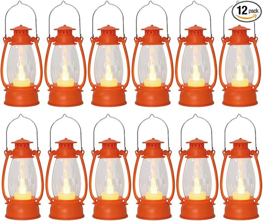 12Pcs Orange Mini Lanterns for Fall Halloween Thanksgiving & Western Camping Decor – Small Lantern Decorative for Table Centerpiece, Hanging Ornaments for Christmas Wedding & Cowboy Party