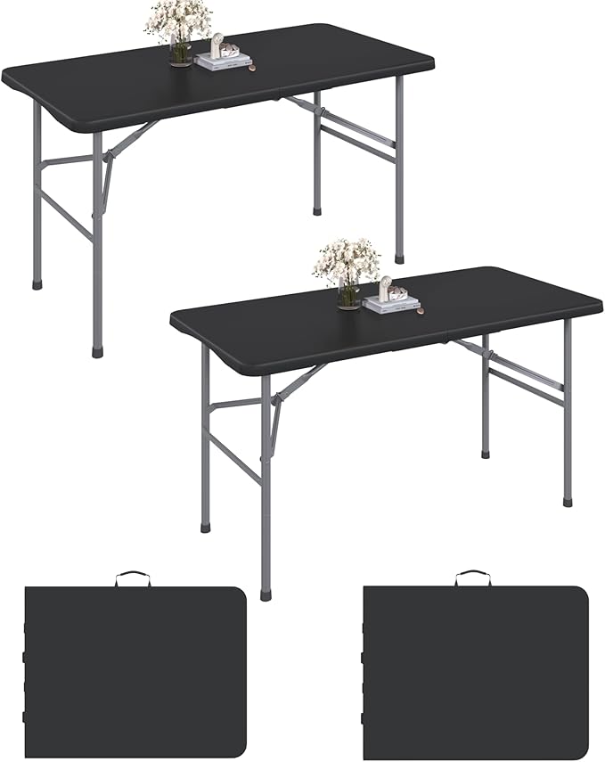 2 Pack 4FT Black Folding Table for Outdoor, 4 Foot Picnic Tables No Assembly Required Portable, Black Foldable Table for Camping, Parties, Meeting, Events, Wedding, with Carrying Handle