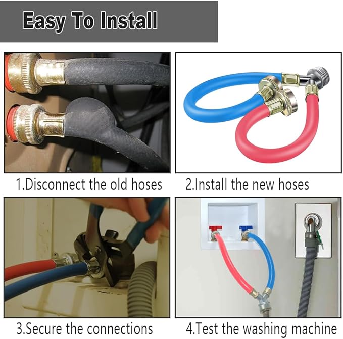 Rubber Washing Machine Y Mixer Hose Connector, Hot and Cold Color Coded, 3/4" Fittings, 1 ft (12") Length 2PACK
