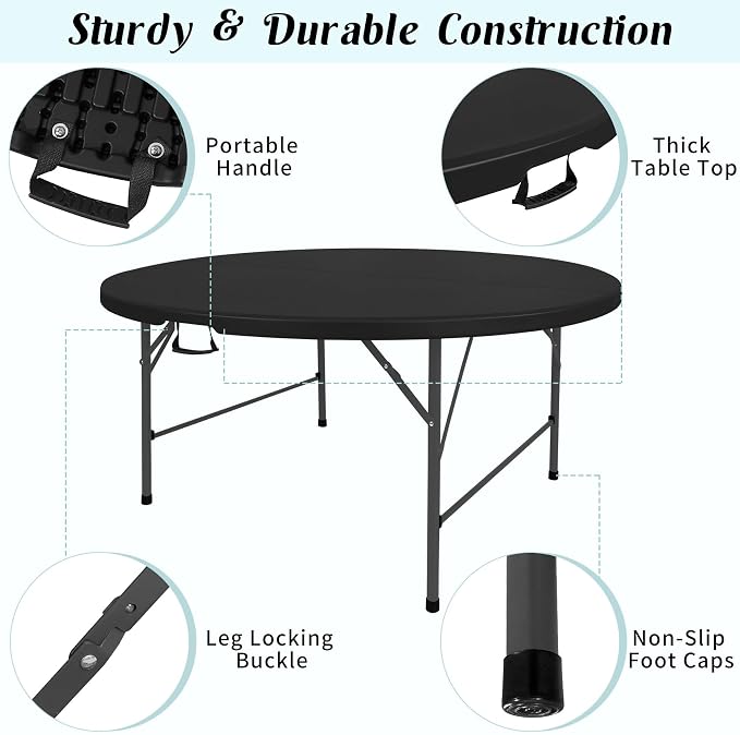 Fivenl 5 FT Round Folding Tables Black Foldable Table, Fold-in-Half with Carrying Handle Portable Plastic Table for Party, Dining, Wedding, Camping, Picnic, Indoor Outdoor Events (Black)