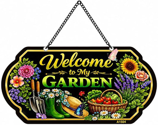 Welcome to My Garden Sign, 10 x 5 Inch Aluminum Metal Hanging Garden Sign with Chain, UV Printed Weatherproof Garden Decor Plaque for Porch, Patio, Greenhouse, Front Door or Outdoor Wall