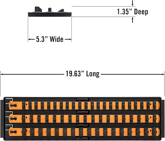Ernst Manufacturing 8482 Socket Boss 3-Rail Multi-Drive Socket Organizer, 18-Inch Socket Rails with Twist-Lock Secure Storage, Orange - Made in USA