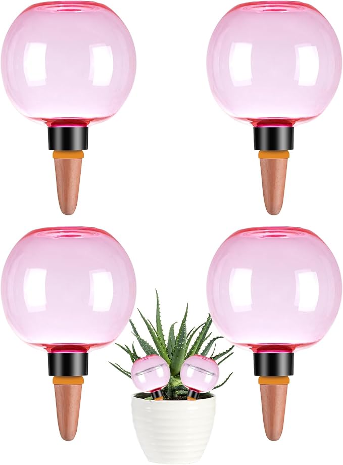 4 Pack Self Watering Globes 17oz Large Plant Watering Globes Top Fill, Self Water Planter Insert Indoor/Outdoor Plastic Water Bulbs Slow Release Terracotta for Plants, Pink