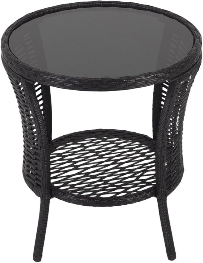 Outdoor Side Table - Patio Wicker End Table with Extra Storage Shelf, Rattan Outdoor Side Table with Round Glass Tabletop for Garden, Backyard, Porch, Black