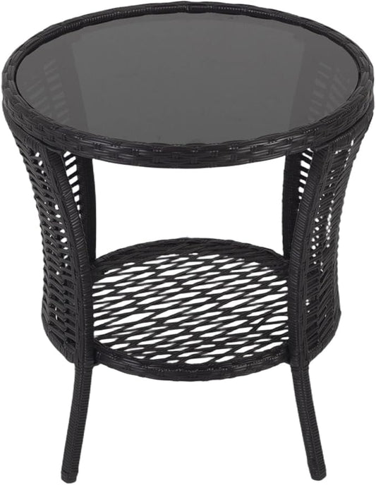 Outdoor Side Table - Patio Wicker End Table with Extra Storage Shelf, Rattan Outdoor Side Table with Round Glass Tabletop for Garden, Backyard, Porch, Black