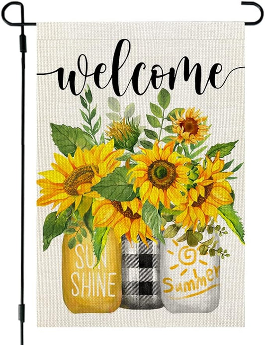 CROWNED BEAUTY Summer Sunflower Garden Flag Mason Jar Double Sided 12x18 Inches Small Burlap Seasonal Welcome Yard Porch Decoration for Outside
