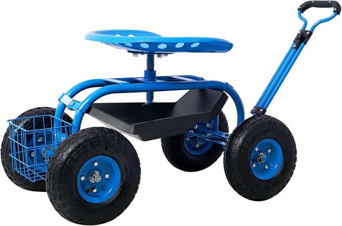 Rolling Garden Cart Wagon Scooter Lawn Yard Patio Work Seat Gardening Stool Cart with Extendable Steer Handle and Storage Basket, Adjustable 360° Swivel Seat (Blue)