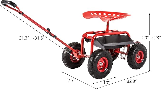 Garden Cart Rolling Work Seat 4-Wheel Mobile Patio Wagon Scooter for Planting, Adjustable Handle 360 Degree Swivel Seat, Red
