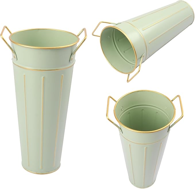 10 PCS 9 Inch Tall Galvanized Flower Buckets, Metal Flower Vase, Rustic Farmhouse French Flower Buckets with Handles for Wedding, Home Décor(Green)