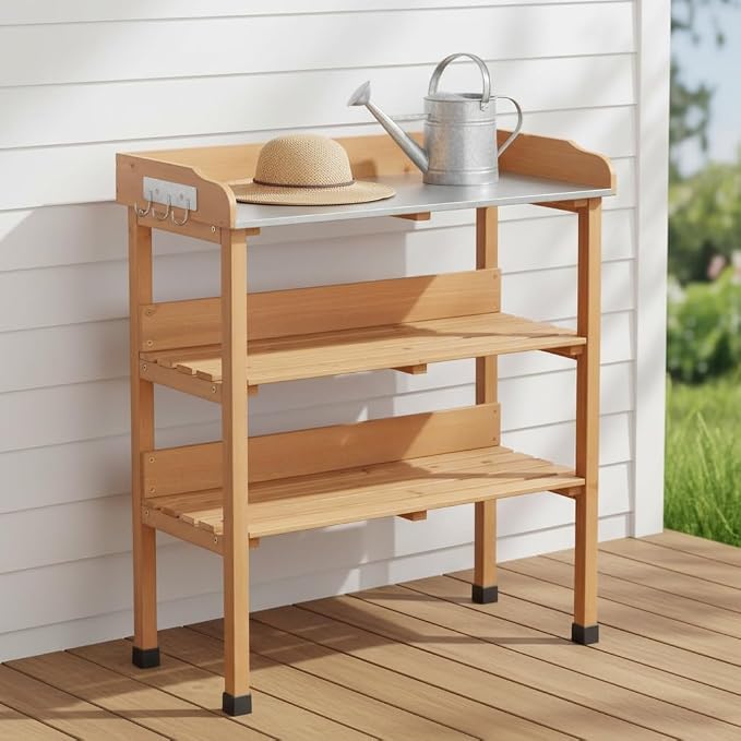 30" Outdoor Potting Bench Table with Metal Tabletop, Wooden Potting Table, 3 Tier Garden Work Bench Shelf with Hooks & Adjustable Feet for Patio Porch Balcony, Light Brown