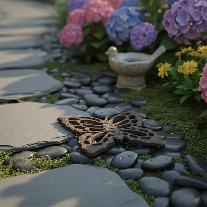 Comfy Hour 11" Vintage Brown Butterfly Cast Iron Stepping Stone, Rustic Antique Figurine Style Home Decor, Heavy Duty Metal Garden Pathway Paver