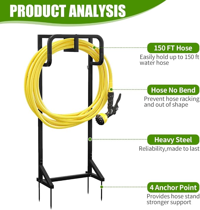 AZERPIAN Garden Hose Holder Detachable Hose Holder Freestanding Heavy Duty Metal Hose Reel Stand Water Hose rack For Outside (Black, 15.35 * 7.09 * 44.88)