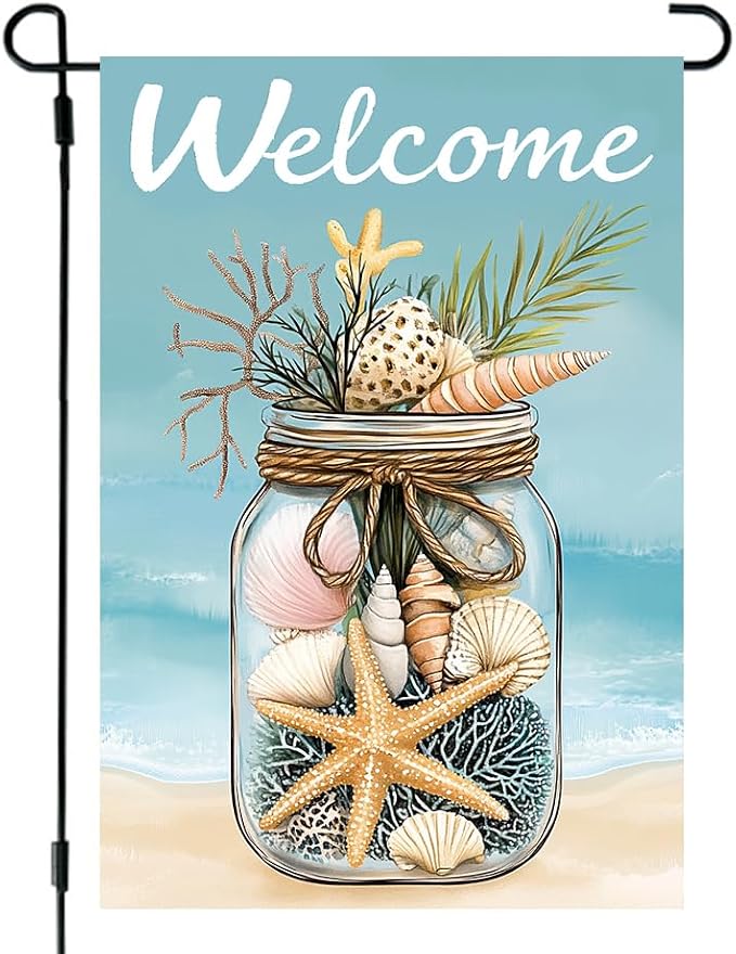 Summer Welcome Garden Flags 12x18 Double Sided Outside | Small Burlap Seasonal Tropical Farmhouse Porch Flags Yard Decorations, Outdoor Beach Pool Decor, Beach Shell Design