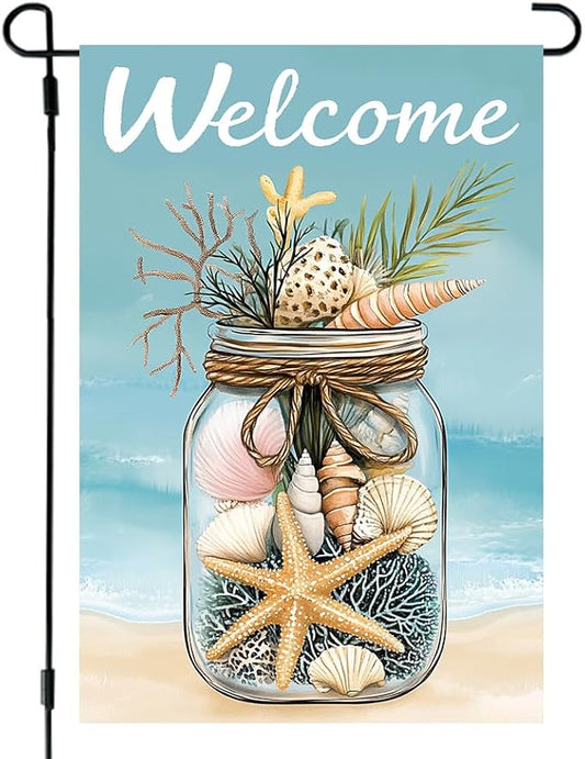 Summer Welcome Garden Flags 12x18 Double Sided Outside | Small Burlap Seasonal Tropical Farmhouse Porch Flags Yard Decorations, Outdoor Beach Pool Decor, Beach Shell Design