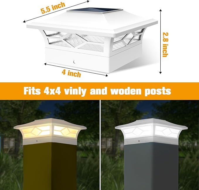 Solar Post Cap Lights Outdoor 8pack, Waterproof Solar Powered Deck Fence Post Lights for 4x4 Wood/Vinyl Posts, Solar Outdoor LED Light with Cool/Warm Lighting (White, 8pack)