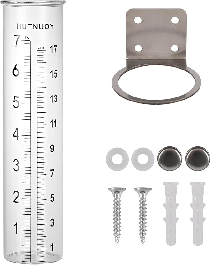 7" Capacity Rain Gauge Stainless Steel Fence Mounting Bracket with Rain Gauge Replacement Tube Glass for Outdoor Garden Yard Home, Lip Design, Best Rated, Easy to Read