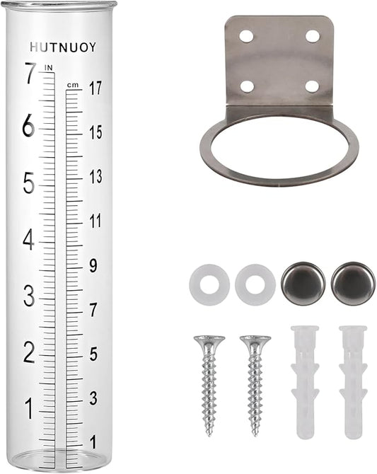 7" Capacity Rain Gauge Stainless Steel Fence Mounting Bracket with Rain Gauge Replacement Tube Glass for Outdoor Garden Yard Home, Lip Design, Best Rated, Easy to Read