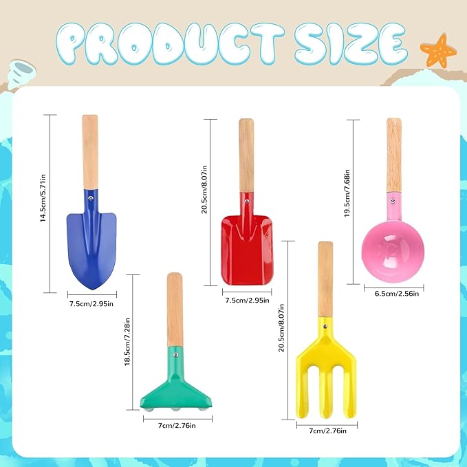 Beach Toys,5 Pcs Children Beach Sandbox Toys,8'' Kids Gardening Set Metal Garden Tools with Sturdy Wooden Handle,Safe Kids Shovel with Spoon, Fork, Rake, Flat Shovel & Pointed Shovel
