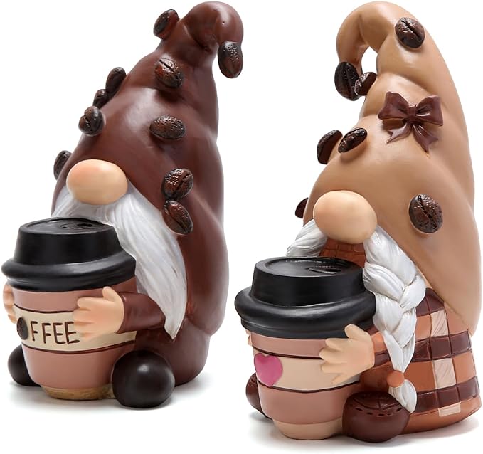 Hodao Coffee Gnome Figurines - Hand-Painted Resin Indoor Decor, Set of 2 Cute Cafe Bar Decorations, Perfect Shelves, Tiered Trays Ornaments, Ideal Gift for Coffee Lovers and Housewarming