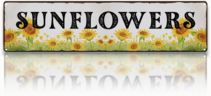 Garden Metal Tin Sign, Vintage Sunflower Decor, Rustic Farmhouse Floral Wall Art, for Gardens Yard Fence Door, Spring Summer Garden Decoration, 15.7 x 3.9 Inches